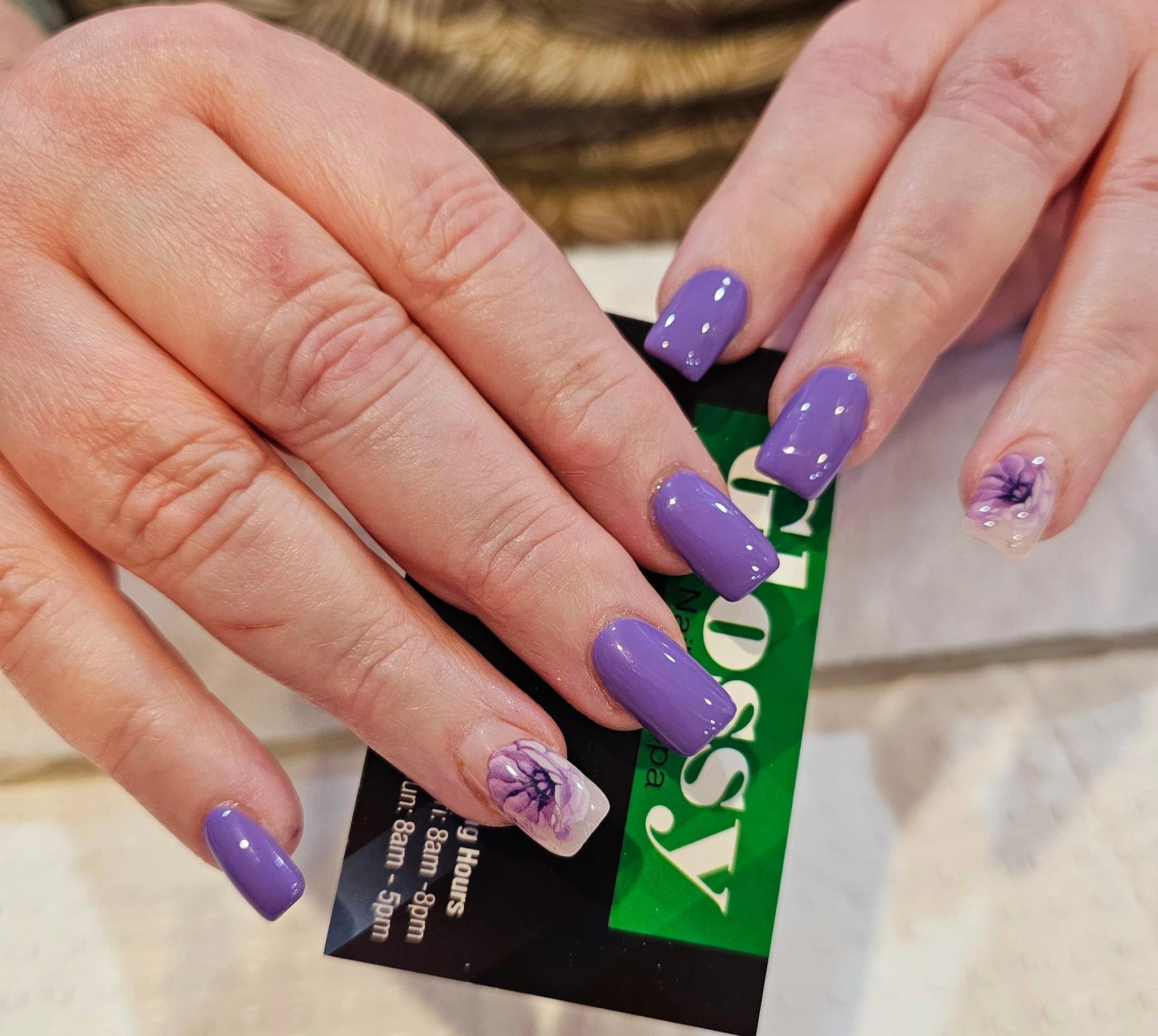 Purple gel manicure with hand-painted floral nail art